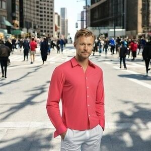 Thomas Pink Beige Striped Cotton Slim Fit Button Down Long Sleeve Dress Shirt M